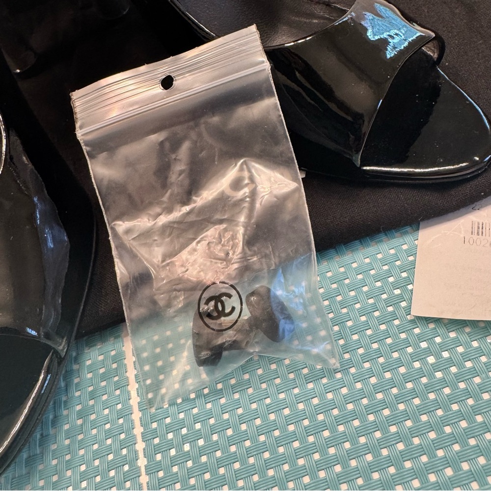 Authentic CHANEL Black patent peep toeHeels with silver like new box/ receipt - Picture 16 of 16